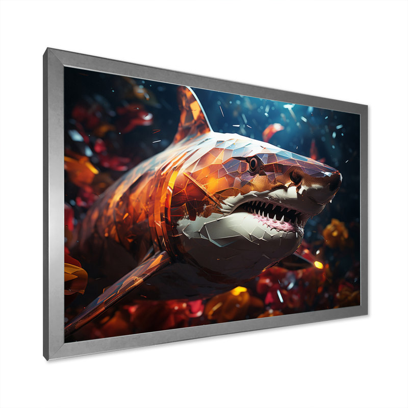 «Blue Shark Predators Glare Geometric I», reproduction d'art sur toile, Cadre simple argenté, H 24 po x l 32 po x P 1 po