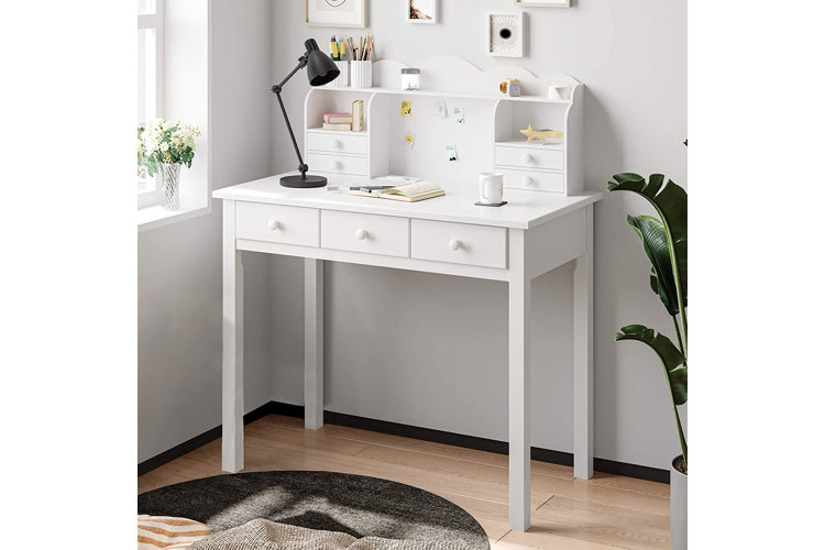 White desk and desk hutch with drawers and shelving.