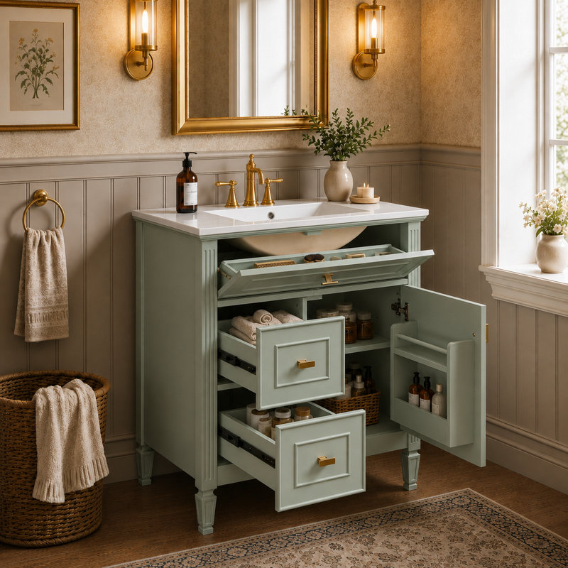 Ensemble de meuble-lavabo transitionnel avec lavabo en céramique, structure en bois massif, tiroir rabattable, tiroirs latéraux et armoire de rangement