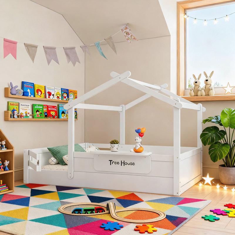 Full Size Floor Bed with Guardrails and Roof, Full, White
