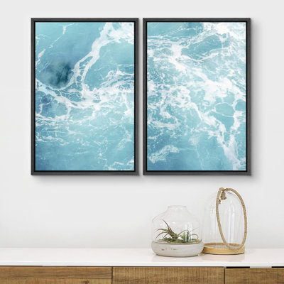 Beach And Waves " Blue And Teal Clean Clear Ocean Waves Coastal Relax Modern Nautical Living Room Decor " 2 - Pieces