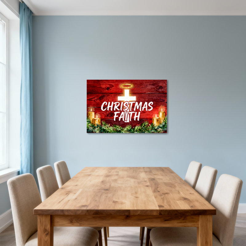 Foi de Noël, croix, bougies en croix, branches de pin, fond en bois, H 32 po x l 48 po