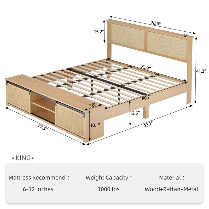 Très grand cadre de lit en rotin Boho avec tête de lit à DEL, armoire de rangement avec porte de grange coulissante, pieds et lattes en bois massif, aucun sommier tapissier requis, lit plateforme Farmhouse