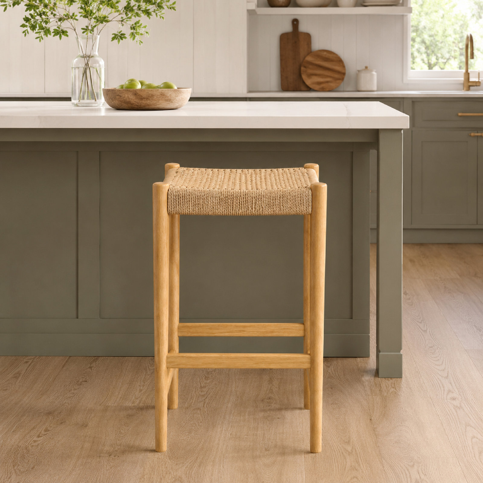 Rustic Walnut Bar Stool,Woven,Solid Oak Wood, Natural Oak
