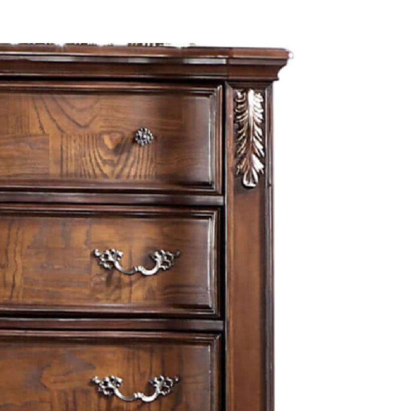 Commode haute Prio, 5 tiroirs, bois sculpté classique,, Brun cerisier