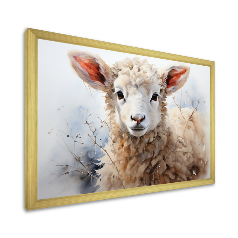 Mouton beige en hiver sur toile, Encadrement doré, H 24 po x l 32 po x P 1 po