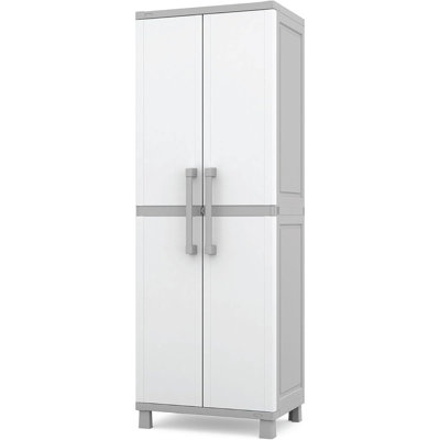 Armoire de rangement blanche et grise avec portes et tablettes pour l'organisation de la maison