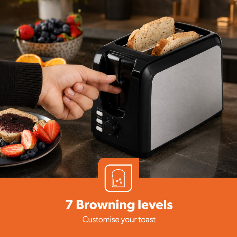 GEEPAS 2 Slice Bread Toaster with 7 Level Browning Control | Removable Crumb Tray, Defrost, Reheat & Cancel Function, Cord Storage | 2 Year Warranty, 750W