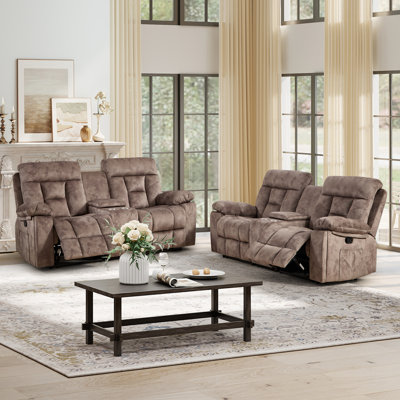 80.7" Wide Modern Manual Reclining Loveseat Sofa With Center Console, Metal Cup Holders & Storage - Plush Microfiber Fabric Theater Seating (Set Of 2)