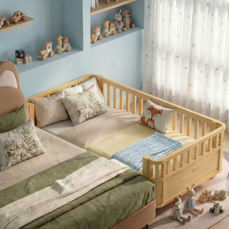 Lit plateforme pour enfant à profil bas avec rails de sécurité, cadre de lit pour tout-petit amovible, support à lattes en bois, naturel, simple