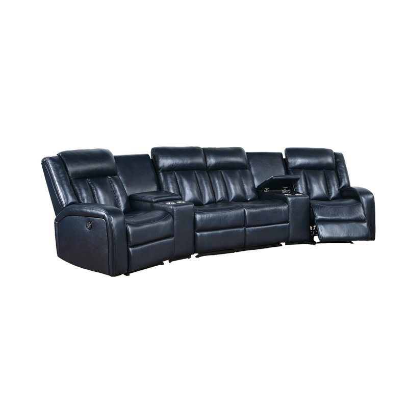 Canapé d'angle inclinable en similicuir bleu marine avec consoles, porte-gobelets et port USB pour salon