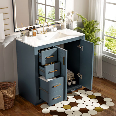 Ensemble de meuble-lavabo 36 po avec lavabo en céramique, armoire de rangement en bois massif, ensemble de meuble-lavabo autoportant avec 3 tiroirs et portes à fermeture douce