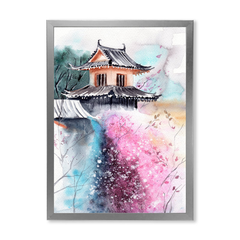 Fleurs de cerisier avec temple japonais - peinture sur toile, H 32 po x l 16 po x P 1 po, Cadre de coin argenté fermé