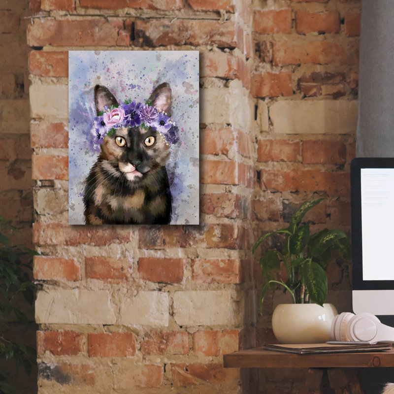 «Flower Crown Calico Cat 3» par Furbaby Affiliates, art mural sur toile, H 16 po x l 12 po x P 0,75 po