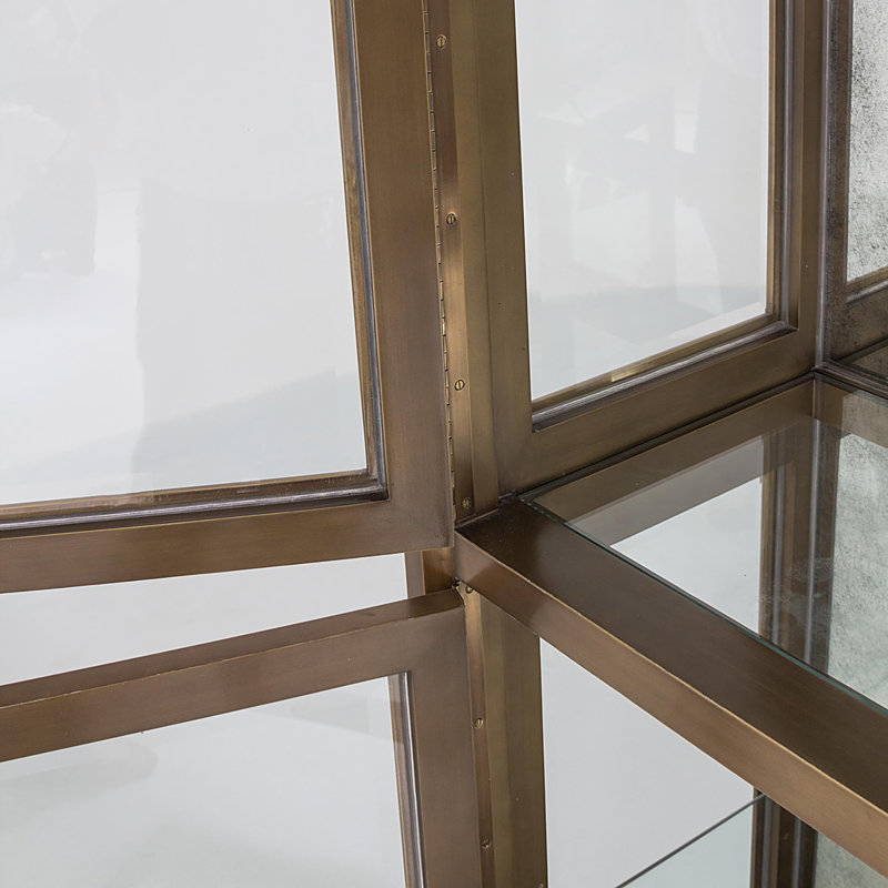 Lighted Poplar and Dark Brass China Cabinet with Glass Shelves