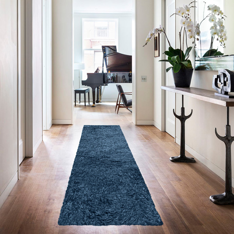 Tapis à poil long fabriqué à la main Aaliyah Marina, Tapis de couloir 2 pi 7 po x 8 pi