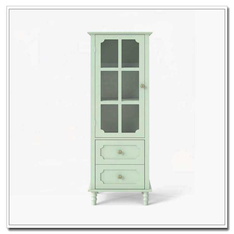 Arched Cabinet with Glass Doors and Double Drawer, Mint Green