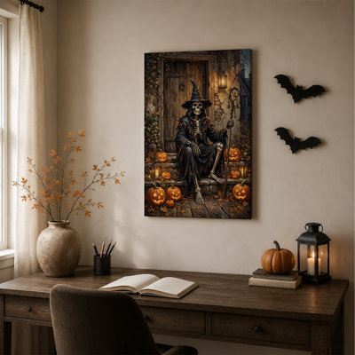 Sorcière squelette sur marches de pierre avec toile lumineuse d'Halloween