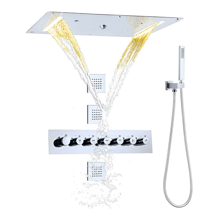 Gorizia 20x40 Matte Black Thermostatic LED Ceiling Mount Rainfall Shower System with Handheld