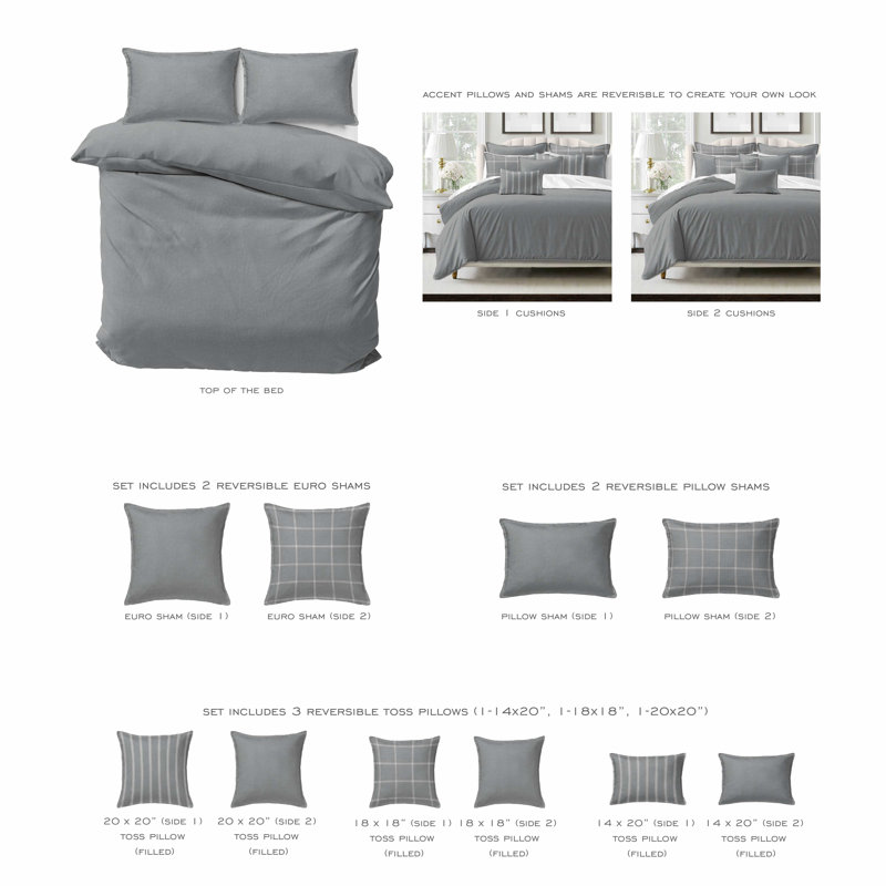 Ensemble d'édredon en coton gris uni 8 pièces Shay, Édredon très grand californien et 7 pièces supp