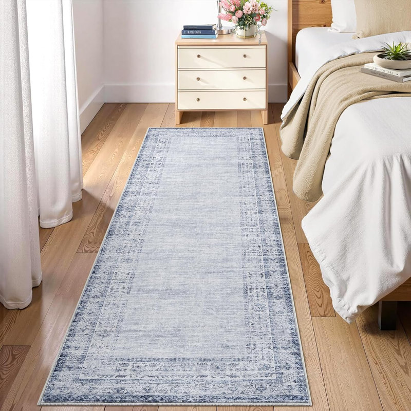 2x6 Washable Vintage Border Runner Rug Non-Slip Low Pile Stain-Resistant Boho Throw Carpet for Kitchen Hallway Living Room Bedroom Taupe/Brown.