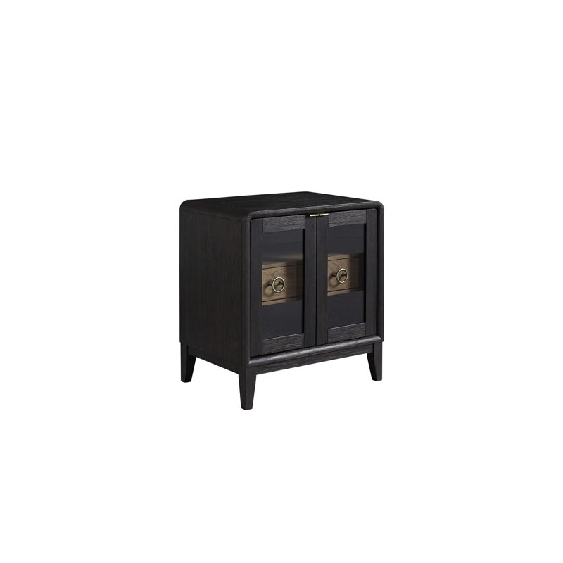 1 table de chevet avec tiroir au fini poivre et latté, portes en verre trempé, bois massif + X P 19,4 po avec tiroir, noir, hauteur, profondeur, largeur: 30,76
