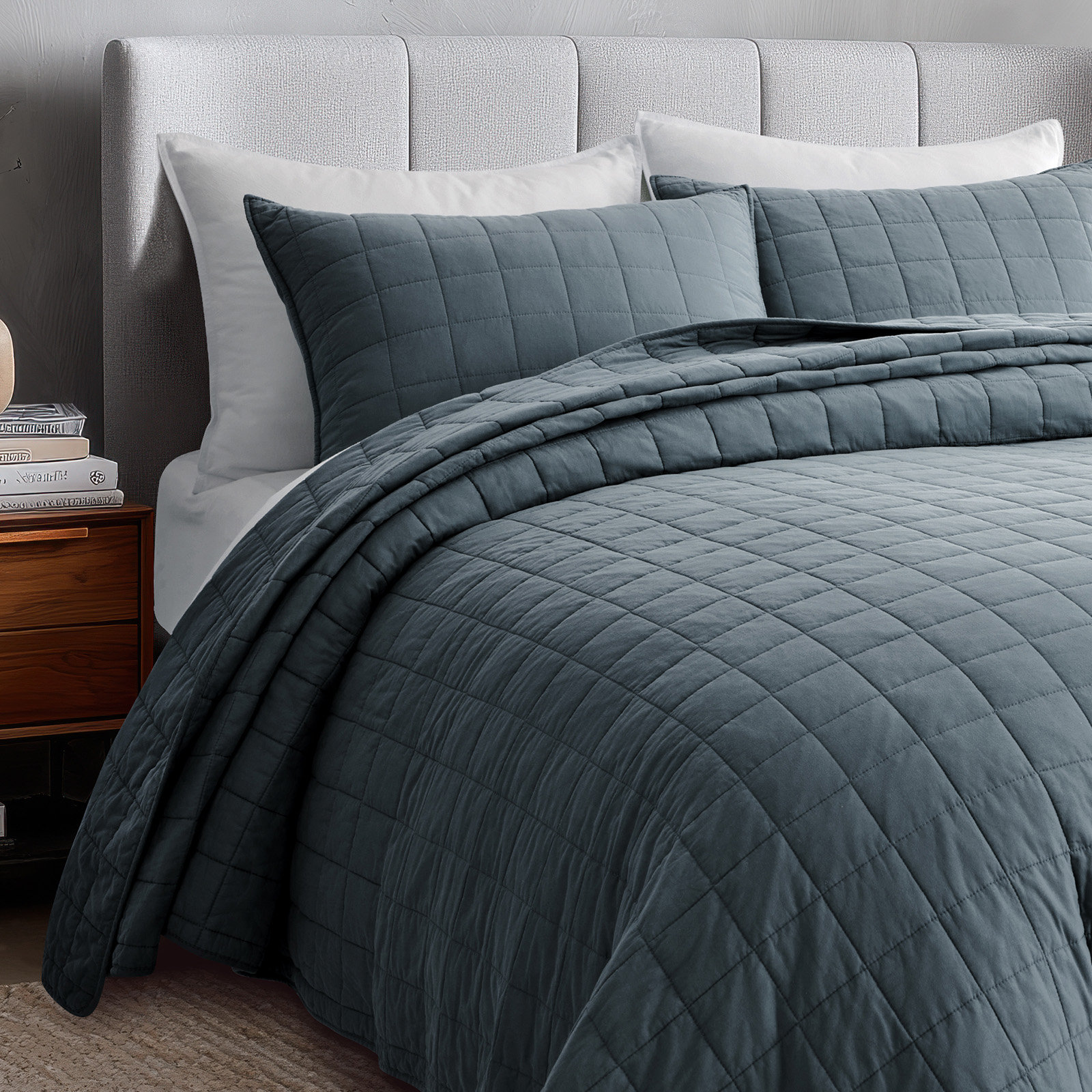 Cotton Quilt Set, California King Quilt + 2 King Shams, Midnight Blue