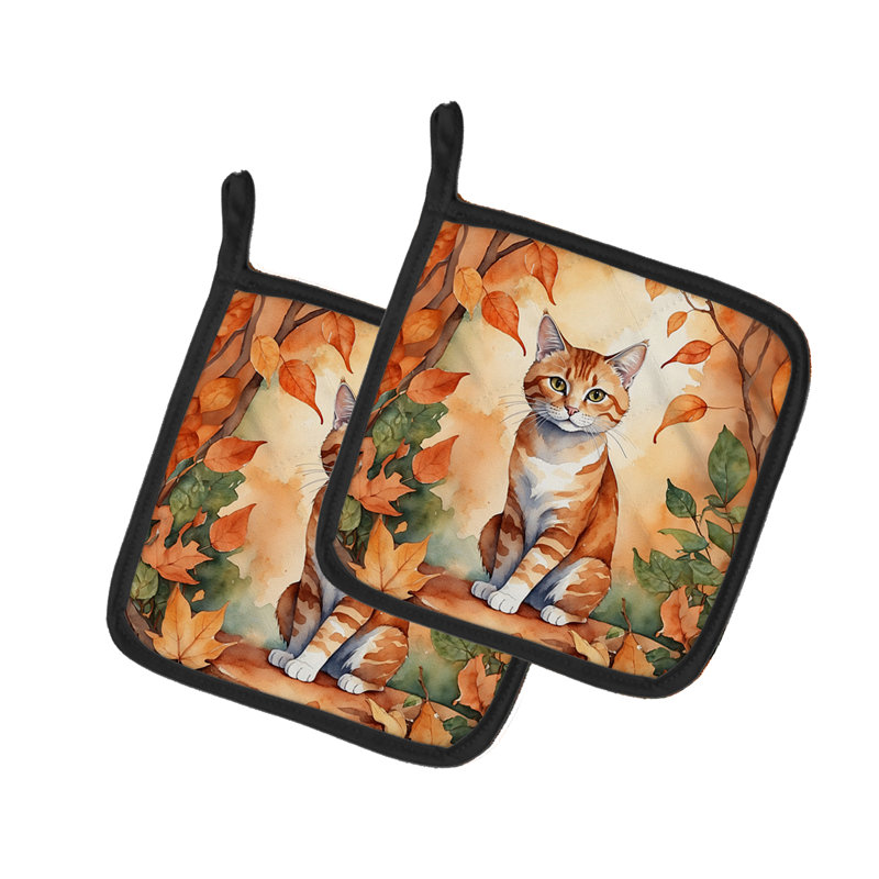 Suphalak Cat in Fall Leaves Pair of Pot Holders