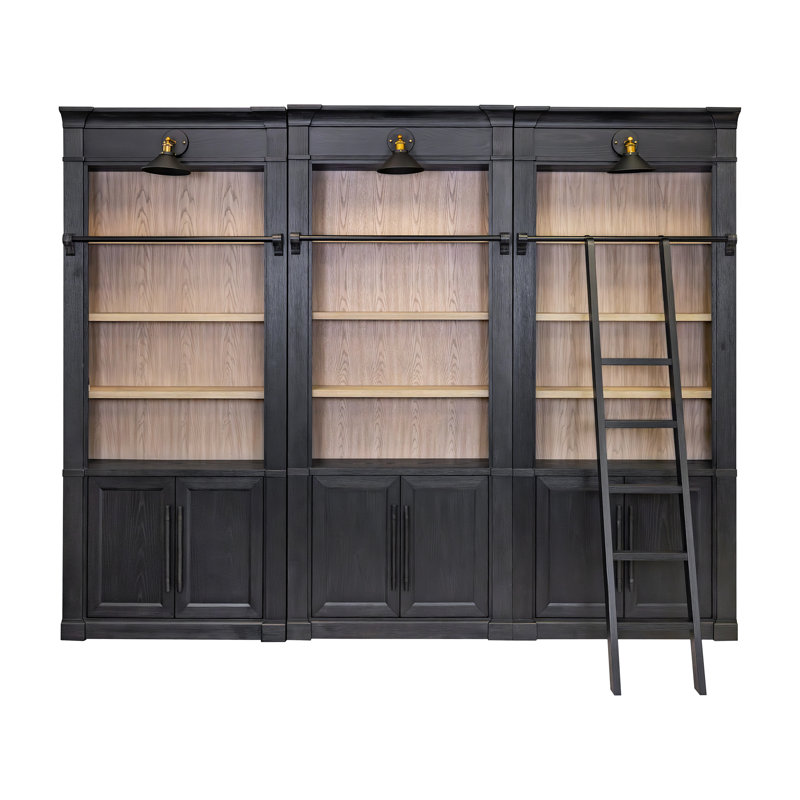Bibliothèque murale Three Three de 8 pi avec échelle, rangement, tablette pour bureau, noir, Noir