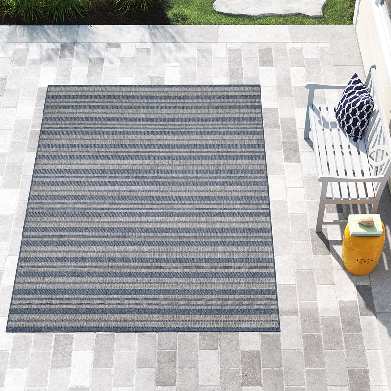 Tapis rayé intérieur / extérieur Brazoria, Bleu, Rectangle 7 pi 10 po x 10 pi 10 po