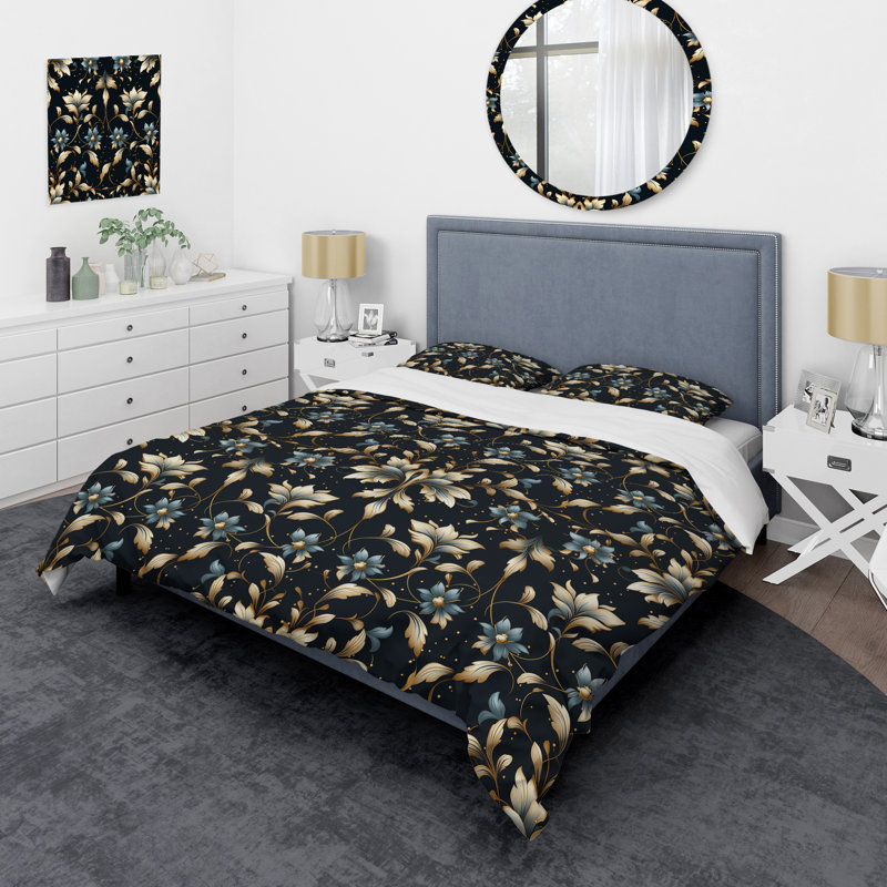 Ensemble de housse de couette bleu et doré, Housse de couette simple + 1 taie décorative stan