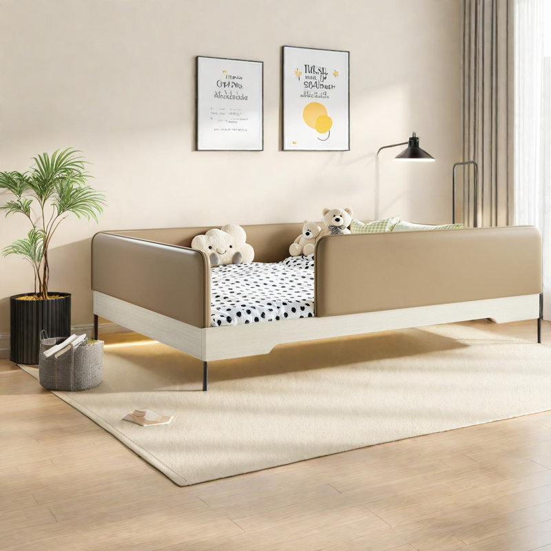 Lits Montessori Queen, lit au sol en similicuir avec barrières de sécurité, chambre d'enfant moderne, Brun