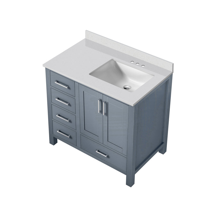 Meuble-lavabo de salle de bain avec comptoir décalé à droite et quartz blanc, Gris foncé