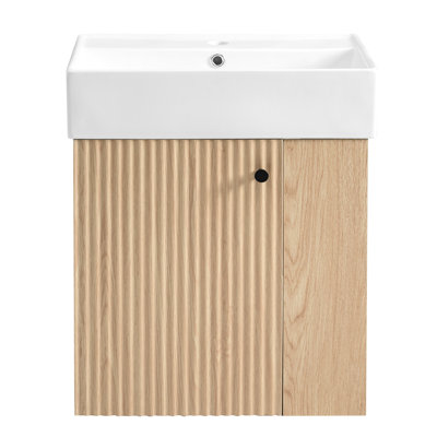 Armoire de salle de bain flottante de 21,6 po avec lavabo en céramique, trou de trop-plein, fermeture en douceur, utilisation moderne de l'espace, lavabo mural en céramique, trou unique pré-percé, porte, côté droit