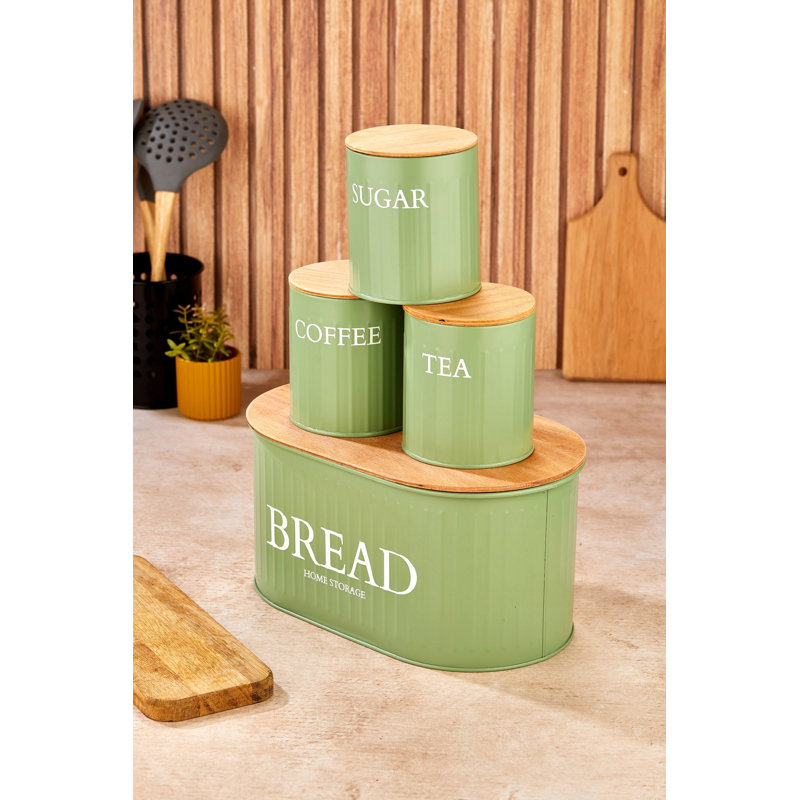 Durable 4-Piece Metal Storage Box Set, Green | Includes 1 Bread Box (11.8 x 7.5 x 5.9 inches) & 3 Small Boxes (3.9 x 4.3 x 3.9 inches) with Wooden Lids | Perfect for Kitchen Organization, Stylish & Functional Design