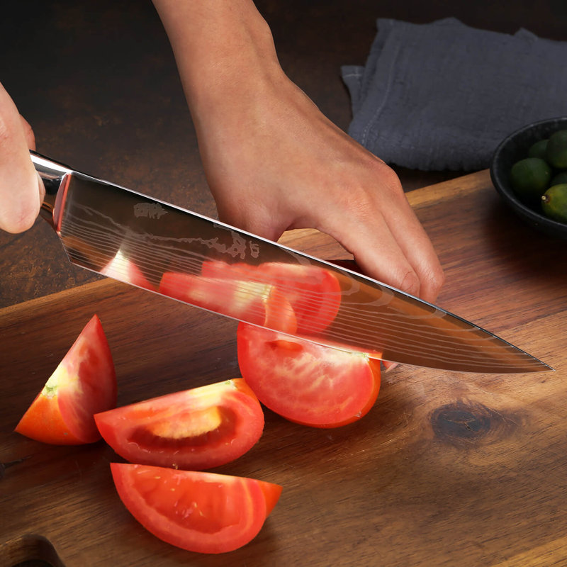 Senken Knives Senken Knives 16-Piece Imperial Collection Natural Acacia Wood Knife Block Set - Damascus Pattern Chef Knife Set, Steak Knives, Kitchen Shears - Pakka Wood Handles