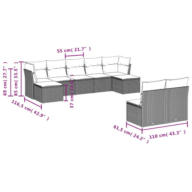 Ensemble de canapé de patio 9 pièces avec coussins en polyester noir Latitude Run®, Rouge, Brun