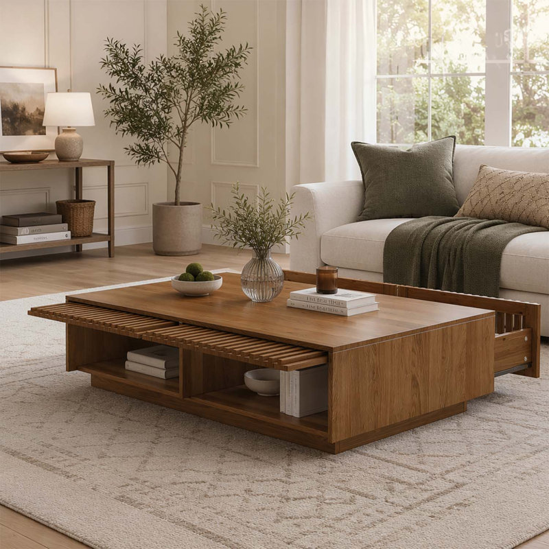Table basse en bois massif de style Mid-Century moderne avec tiroirs de rangement à lattes, table basse rectangulaire en bois à profil bas, table de rangement cachée de style maison de campagne pour le salon