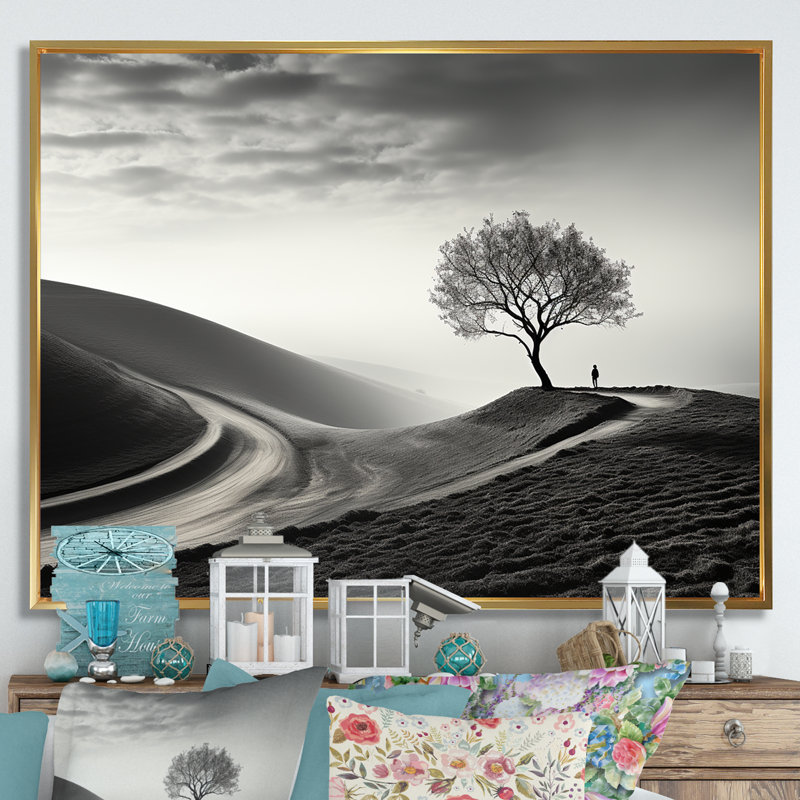 Black And White Solitude Tree Photography - Tree Framed Prints, Gold Floater Framed, 12" H x 20" W x 1" D