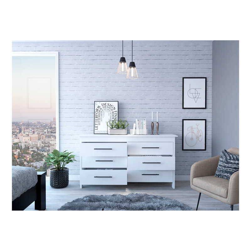 Commode double 6 tiroirs Wezz, chambre à coucher, blanc
