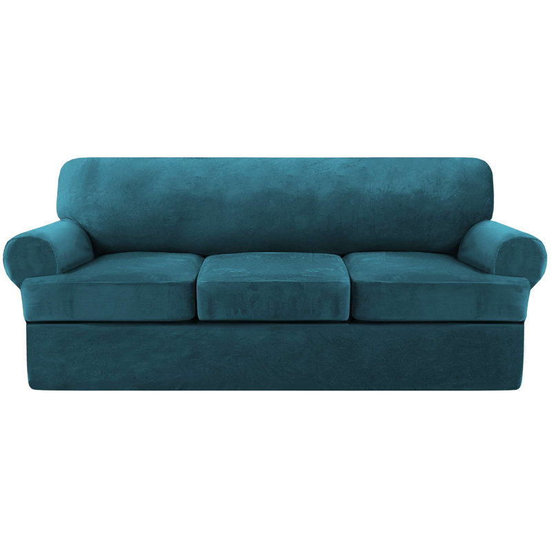Velvet Stretch 4 Piece T Cushion Sofa Slipcovers for 3 Couch Covers with 3 Individual T Cushion Covers Machine Washable