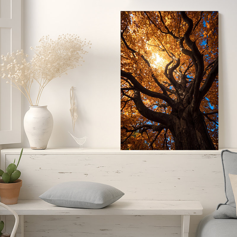 Art mural sur toile, branches d'arbres torsadées avec feuilles dorées et ciel bleu, H 48 po x l 32 po