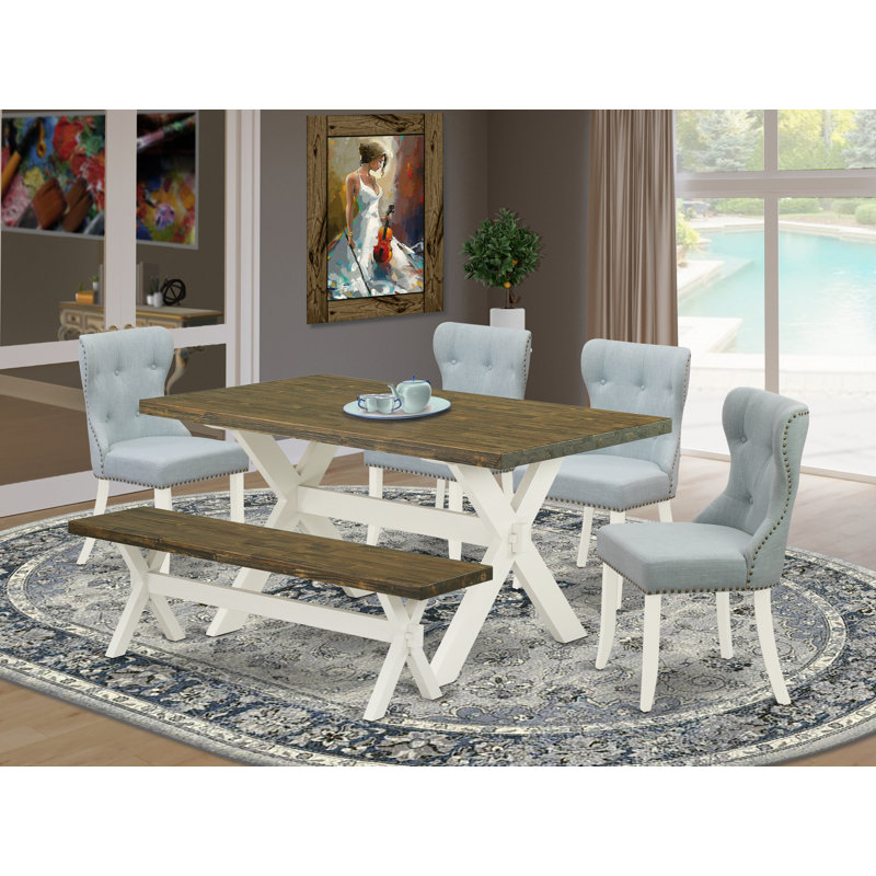 L'ensemble de table de salle à manger 6 pièces contient une table de salle à manger rectangulaire avec pieds en X et 4 chaises Parson en tissu bleu bébé avec banc, lin brossé blanc