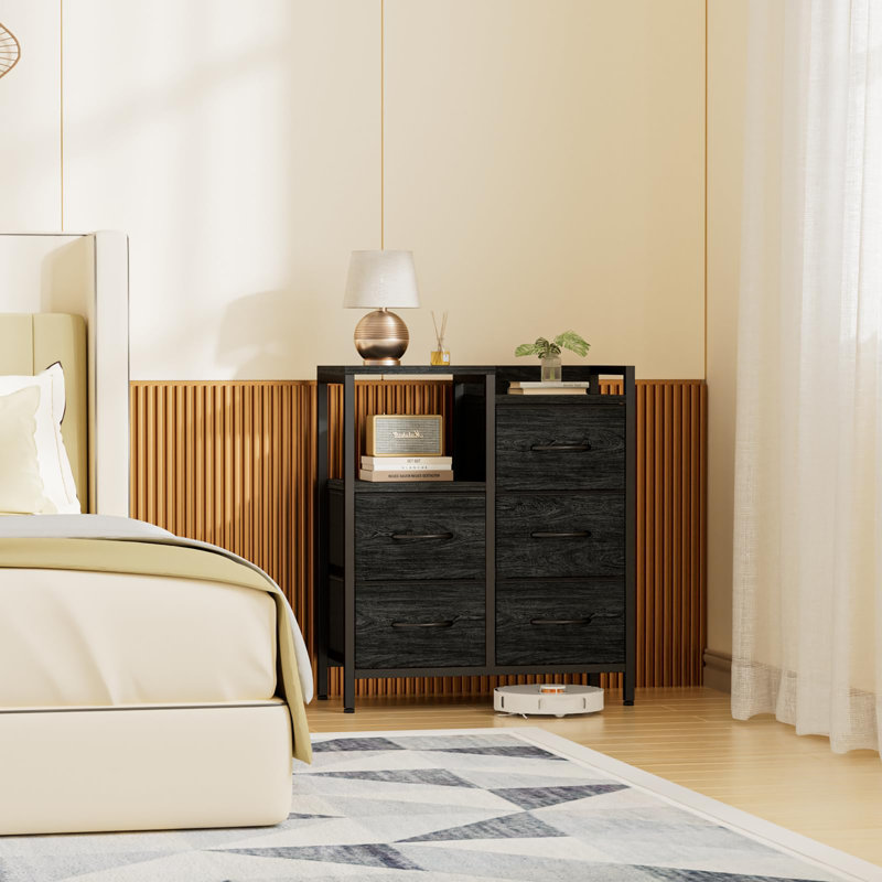 5 Drawer Rustic Brown Dressers for Bedroom 2 Tier Shelf Storage Small Fabric Dresser for Closet Sturdy Metal Frame Modern Style Storage Cabinets Organization Units for Hallway Rooms