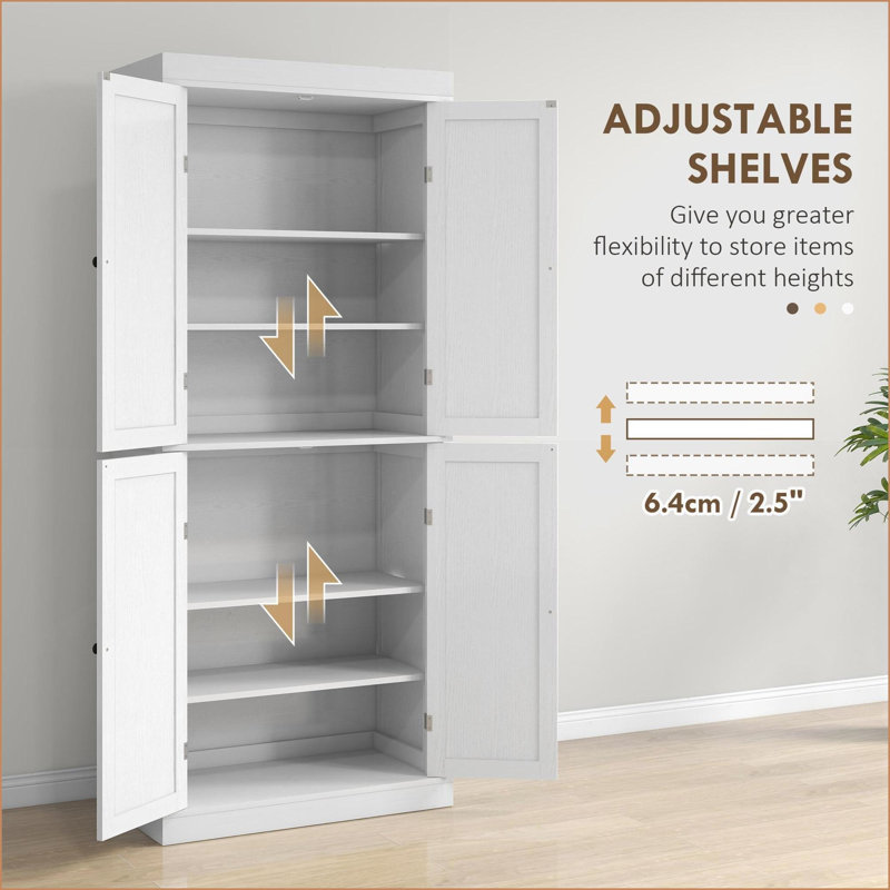 Garde-manger de 72,5 po de hauteur | Rangement autoportant avec 4 portes et tablettes réglables | Grain de bois blanc | Panneau de particules