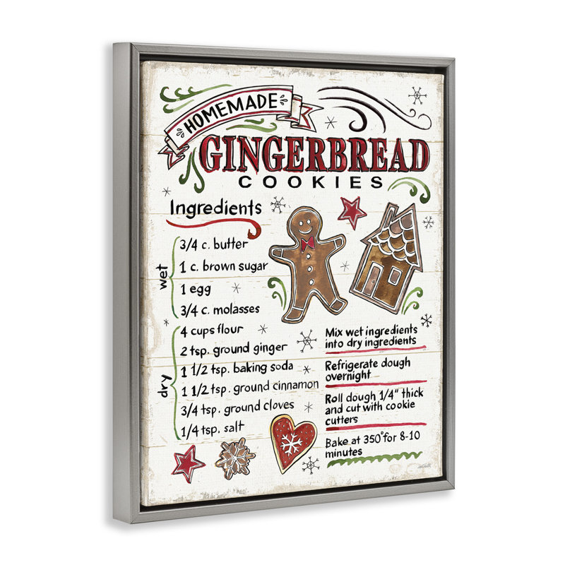 «Holiday Gingerbread Cookies Recipe», art mural encadré sur toile Floater, H 17 po x l 21 po, Cadre flottant gris lustré