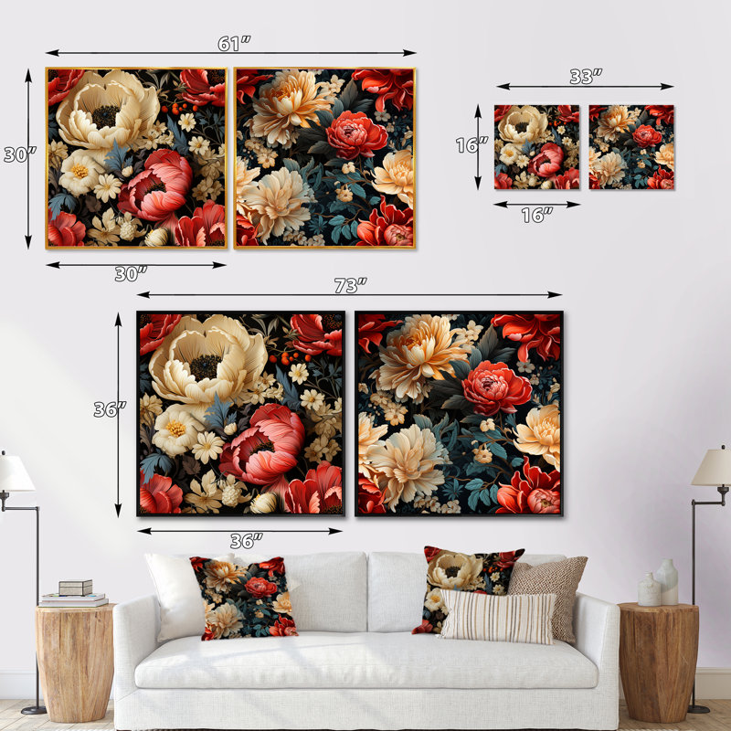 Red And Beige Elegant Poppy Blossum Field - Floral Square Collage Set Of 2, Black Floater Framed, 16" H x 33" W
