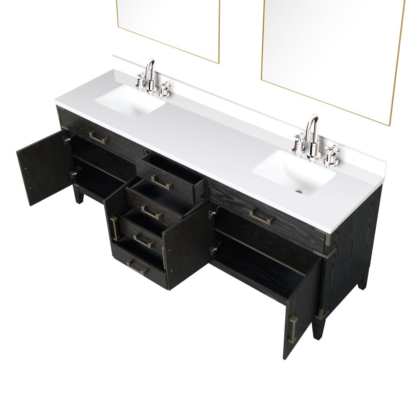 Meuble-lavabo double en chêne noir 84 po W avec comptoir en quartz blanc, robinet et 36 miroirs - robinet scellé de longue durée inclus