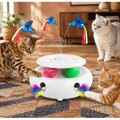 A fluttering butterfly, ambush feather, and track balls form this 3-in-1 automatic indoor cat toy, with Smart Sensor Wake-Up and USB Powered operation for exercise & boredom relief.