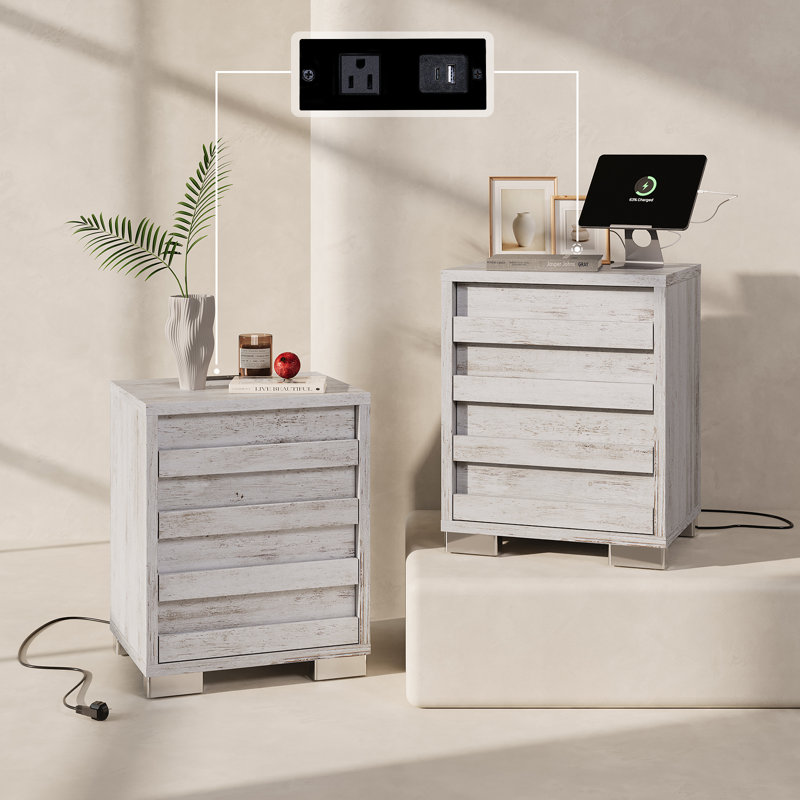 Ashara Farmhouse 2 Nightstands with Charging Station, Distressed White